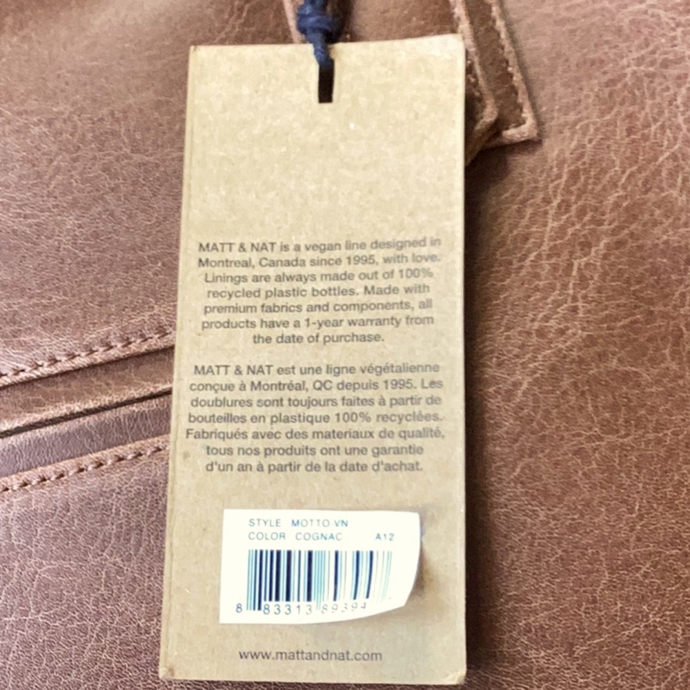 Matt & Nat Motto brown vegan laptop bag.  NWT 15" by 12" by 5" - Picture 3 of 6